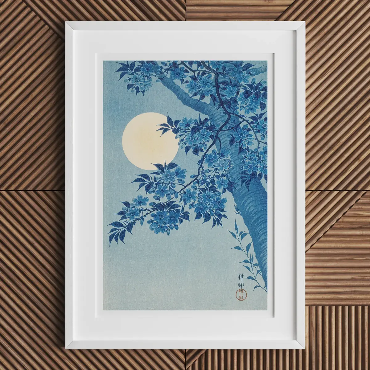 Framed blue floral moon art by Ohara Koson in Japanese woodblock Shin-hanga style.