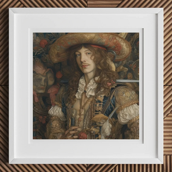 Botticelli’s Outlaw - Gay Renaissance Cowboy Art Print, 12x12’’ / 31x31cm / White Frame / 2’’ Matboard, Framed Painting Man Wide-brimmed Hat