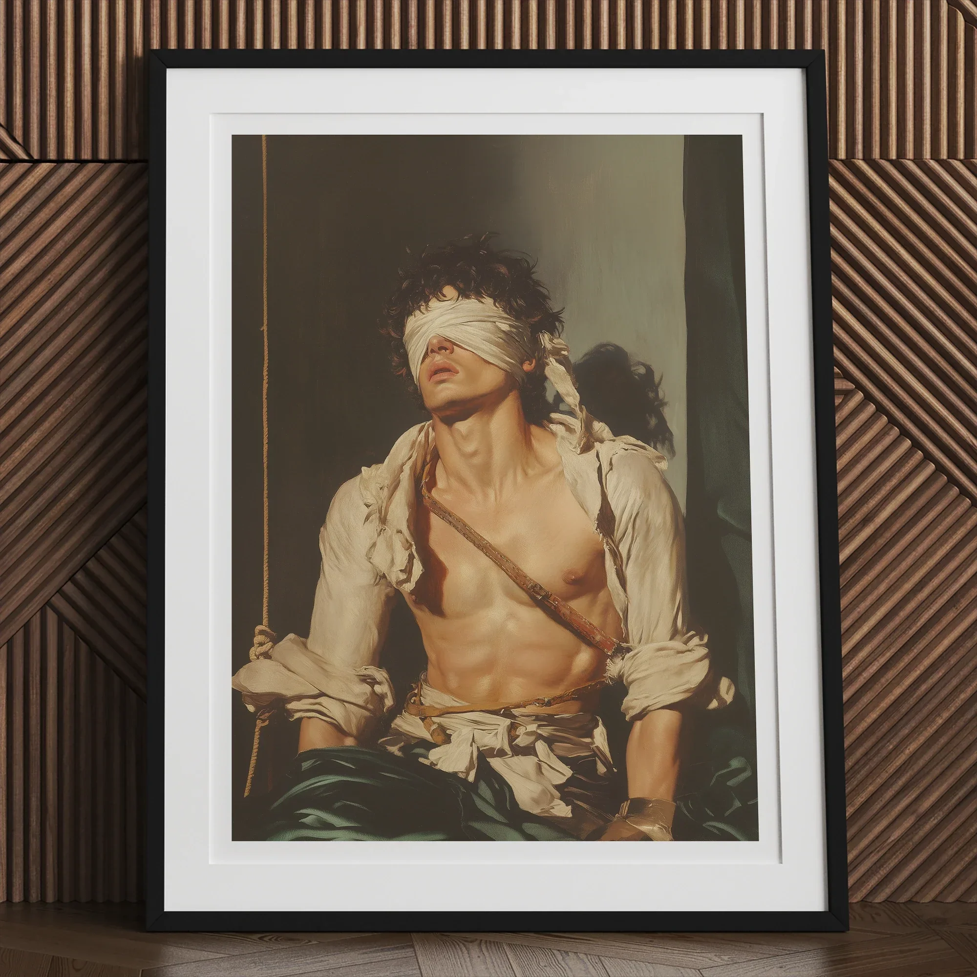 Boundless - Neoclassical Bondage Homoerotica Art Print, 12x16’’ / 31x41cm / Black Frame / 2’’ Matboard, Framed Painting Blindfolded Man