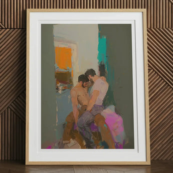Bounty - Grungy Gay Romance Art Print, 12x16’’ / 31x41cm / Natural Frame / 2’’ Matboard, Framed Impressionistic Painting Two Men Embrace