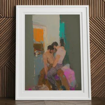 Bounty - Grungy Gay Romance Art Print, 12x16’’ / 31x41cm / White Frame / 2’’ Matboard, Framed Painting Two Men Intimate Embrace Rendered