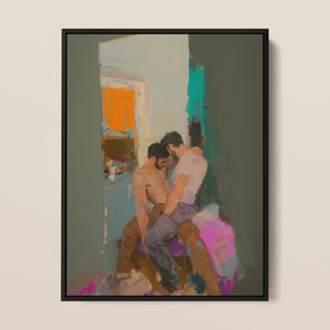 Bounty - Grungy Gay Love Framed Canvas, 12x16’’ / 31x41cm / Black Floating Frame, Framed Impressionistic Painting Two Men