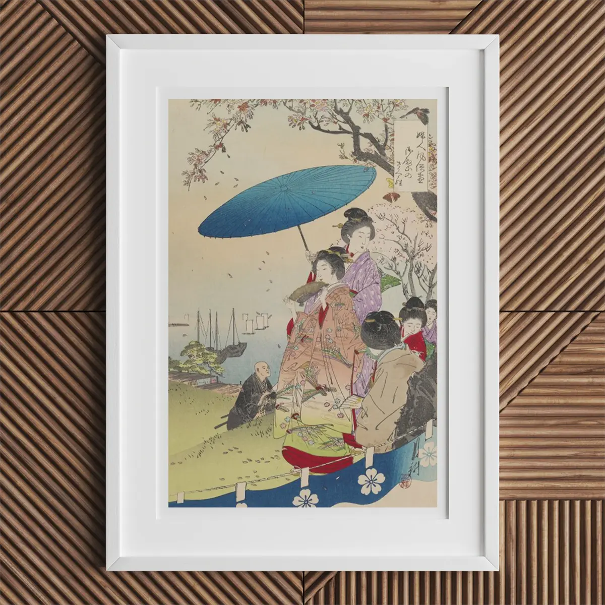Framed Japanese woodblock print by Ogata Gekko from the Meiji Era.