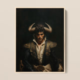Bullish - Horny Gay Matador Framed Canvas, 12x16’’ / 31x41cm / Natural Floating Frame, Framed Painting Man Bull Horns Matador-style Jacket