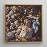 Bunked Twunk - Trashy Lowbrow Gay Punk Framed Canvas, 12x12’’ / 31x31cm / Natural Floating Frame, Framed Canvas Print Person Amidst Flowers