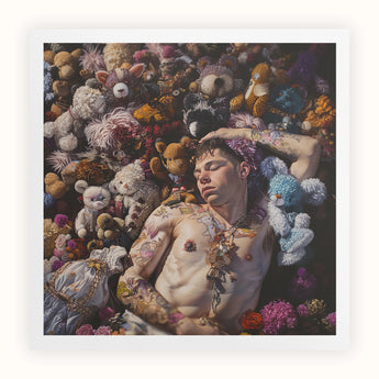 Bunked Twunk - Trashy Lowbrow Gay Punk Art Print, Person Among Multitude Colorful Stuffed Animals Flowers