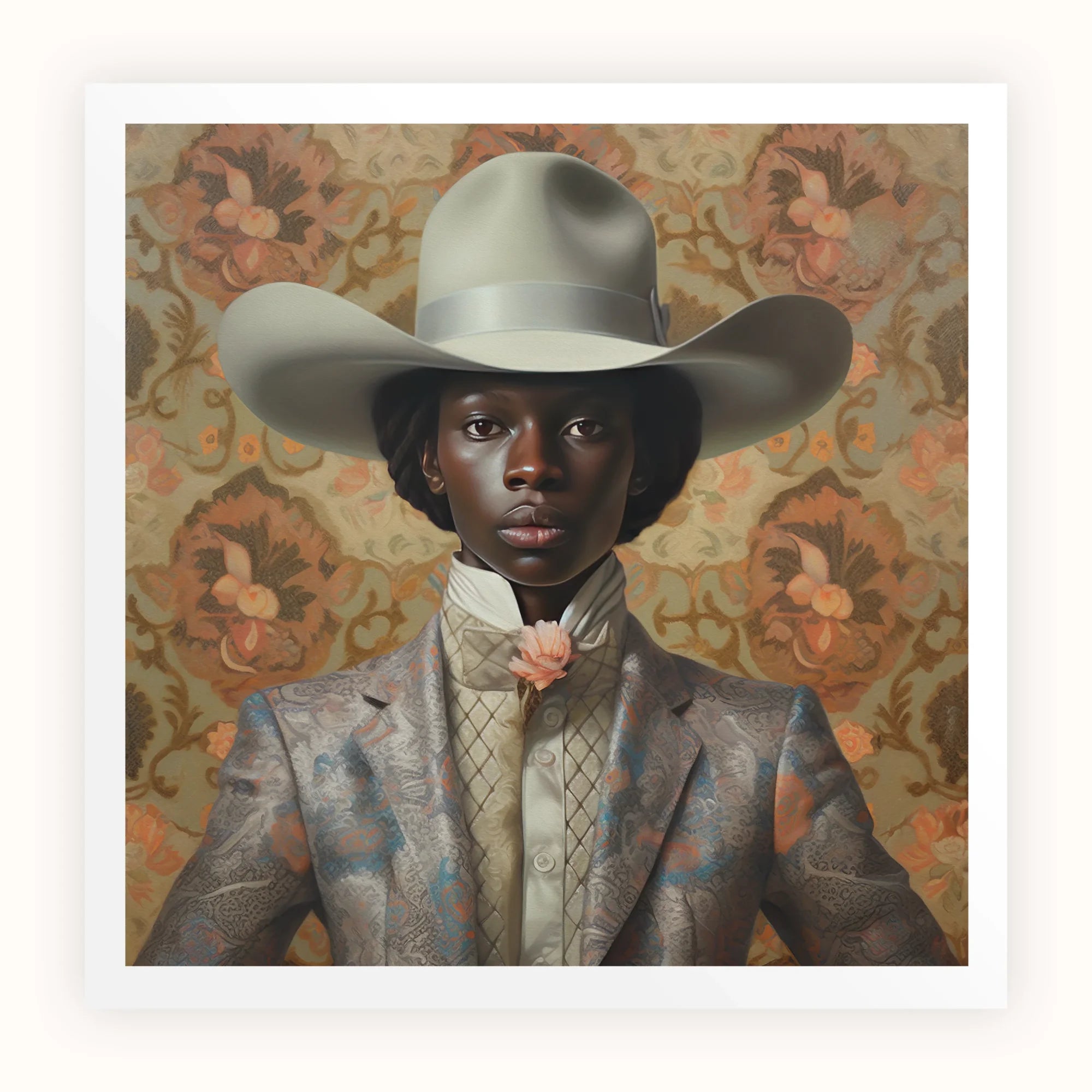Caesar - Gay Black Dandy Cowboy Art Print, Portrait Person Gray Cowboy Hat Metallic Suit Jacket
