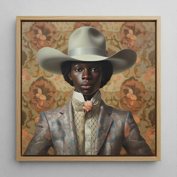 Caesar - Black Dandy Cowboy Framed Canvas, 12x12’’ / 31x31cm / Natural Floating Frame, Framed Painting Person Cowboy Hat Patterned Suit