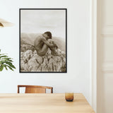 Cain - Wilhelm Von Gloeden Nude Art Framed Canvas, Black-framed Sepia Photograph Nude Figure Contemplatively Rocky Mountain