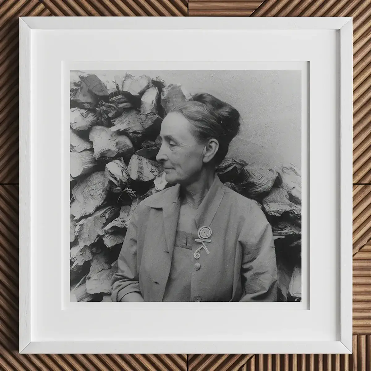 Framed black and white portrait of an older woman inspired by Andy Warhol, Louise Bourgeois, or Chuck Close