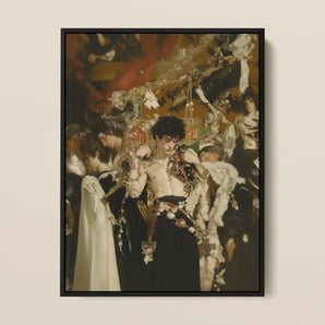 Carte Blanche - Surreal Gay Baroque Framed Canvas, 12x16’’ / 31x41cm / Black Floating Frame, Framed Oil Painting Costumed Procession