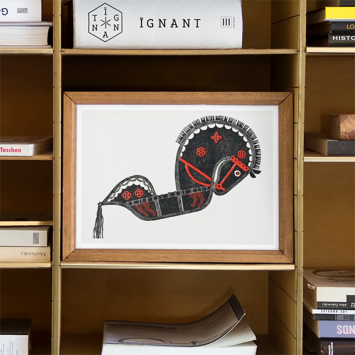 Framed black and red horse drawing by Reijer Stolk showcasing Haarlem School style.