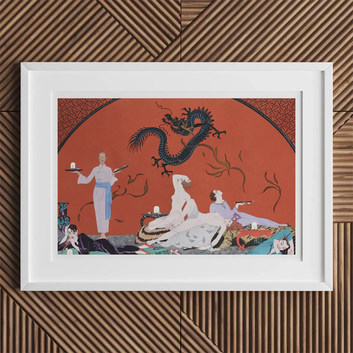 Framed Art Deco illustration by George Barbier capturing the essence of the Roaring Twenties.