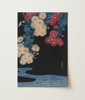 Chrysanthemums and Stream - Ohara Koson Art Print
