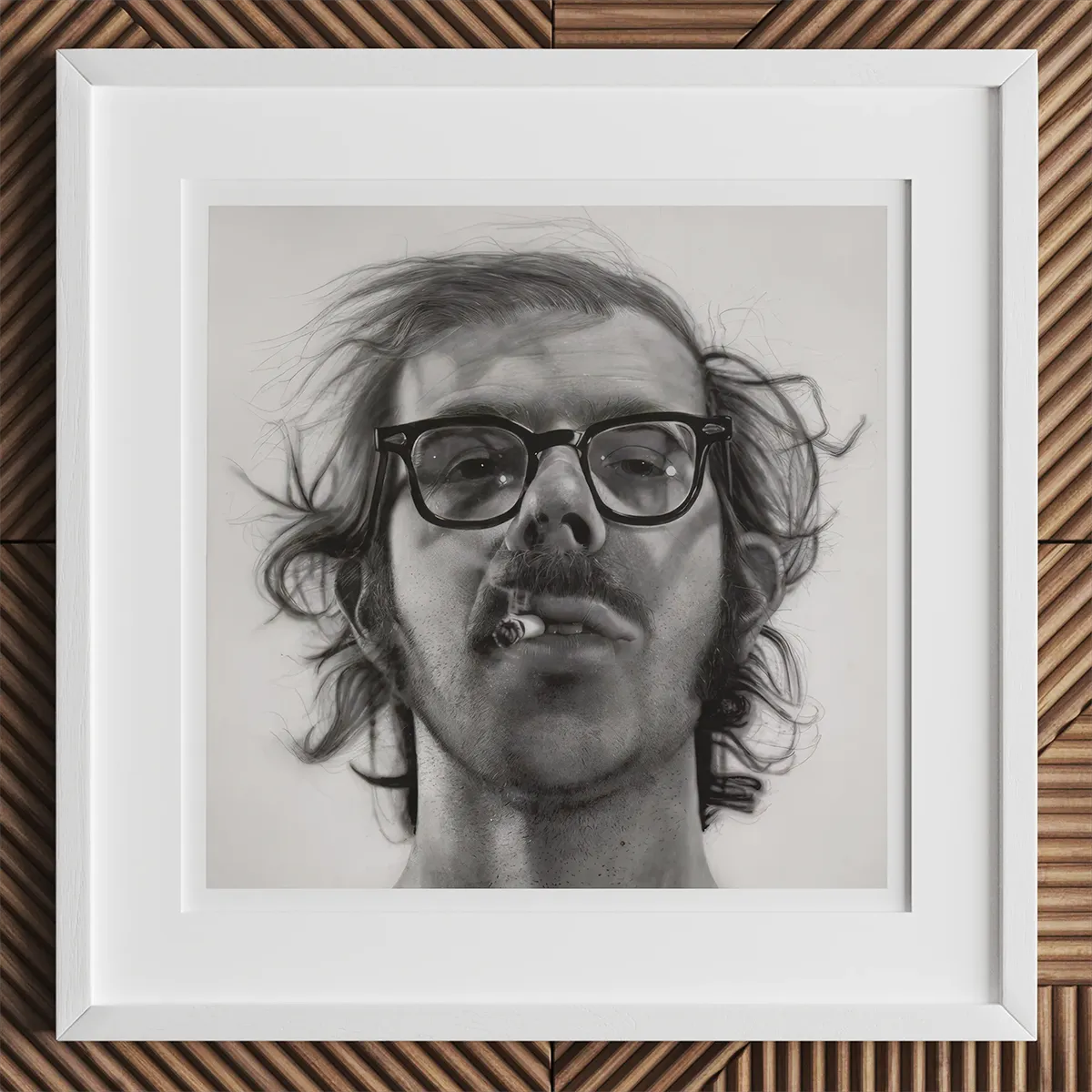 Framed black and white portrait of a man with glasses and cigarette, inspired by Andy Warhol