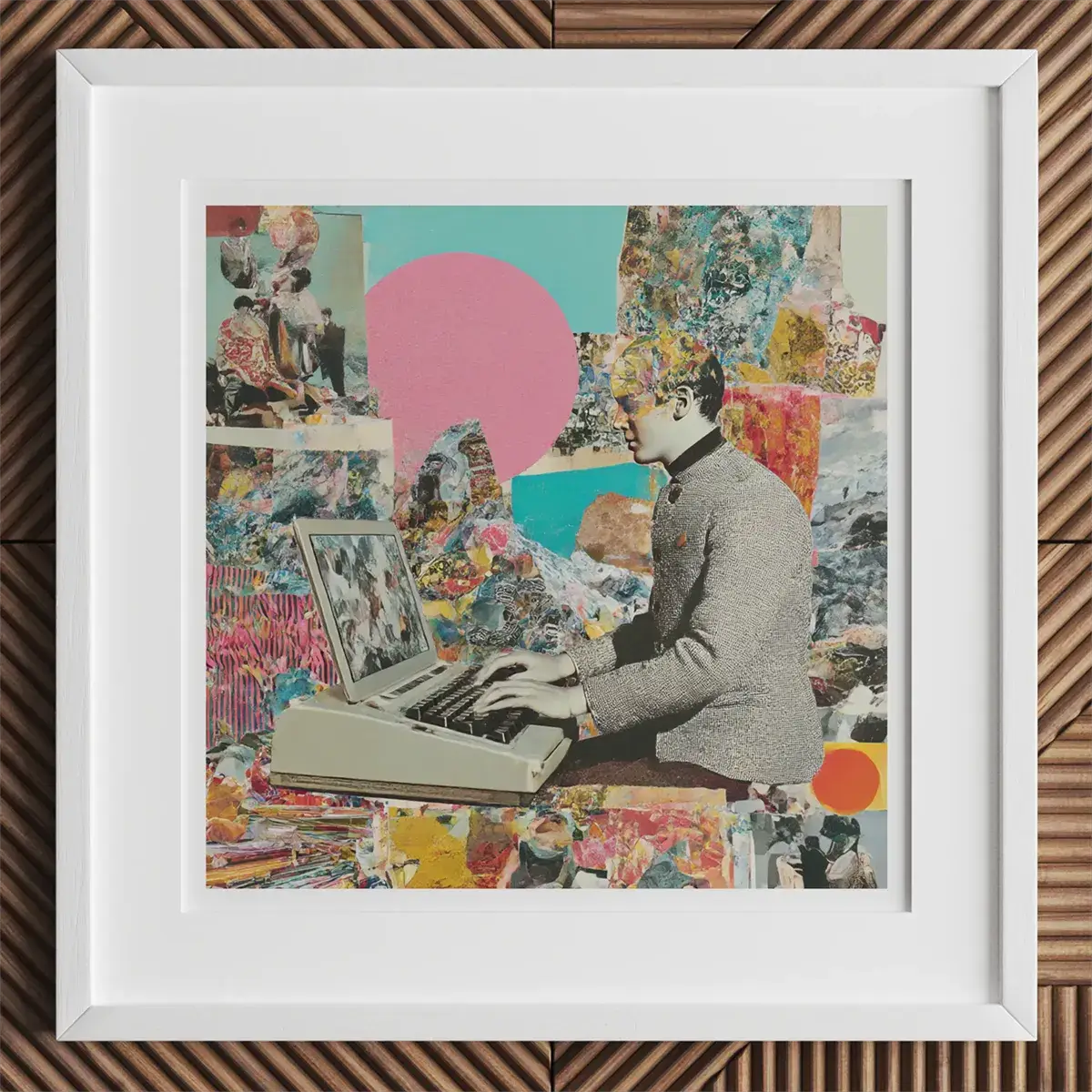 Framed mixed media collage artwork showcasing fabric collage and assemblage art techniques