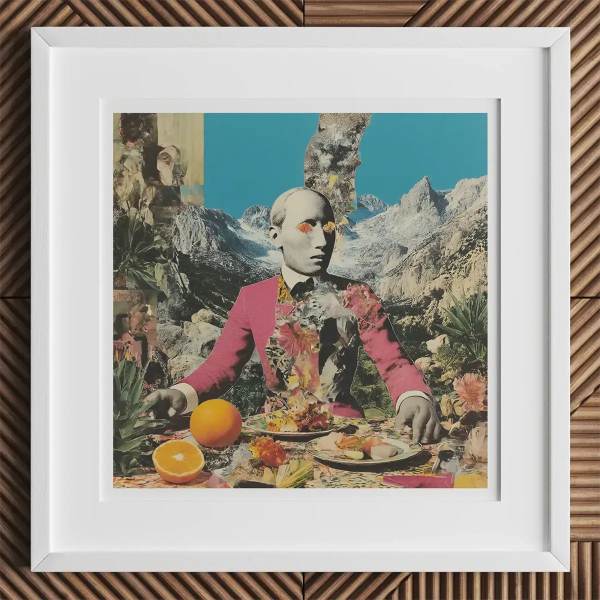 Framed surreal mixed media collage art showcasing fabric collage and assemblage techniques