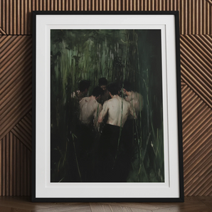 Communion - Secret Gay Orgy Art Print, 12x16’’ / 31x41cm / Black Frame / 2’’ Matboard, Framed Painting Shirtless Figures Dark Green