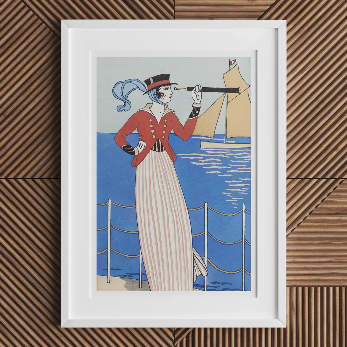 Framed vintage nautical art reflecting George Barbier’s Art Deco style in the Roaring Twenties