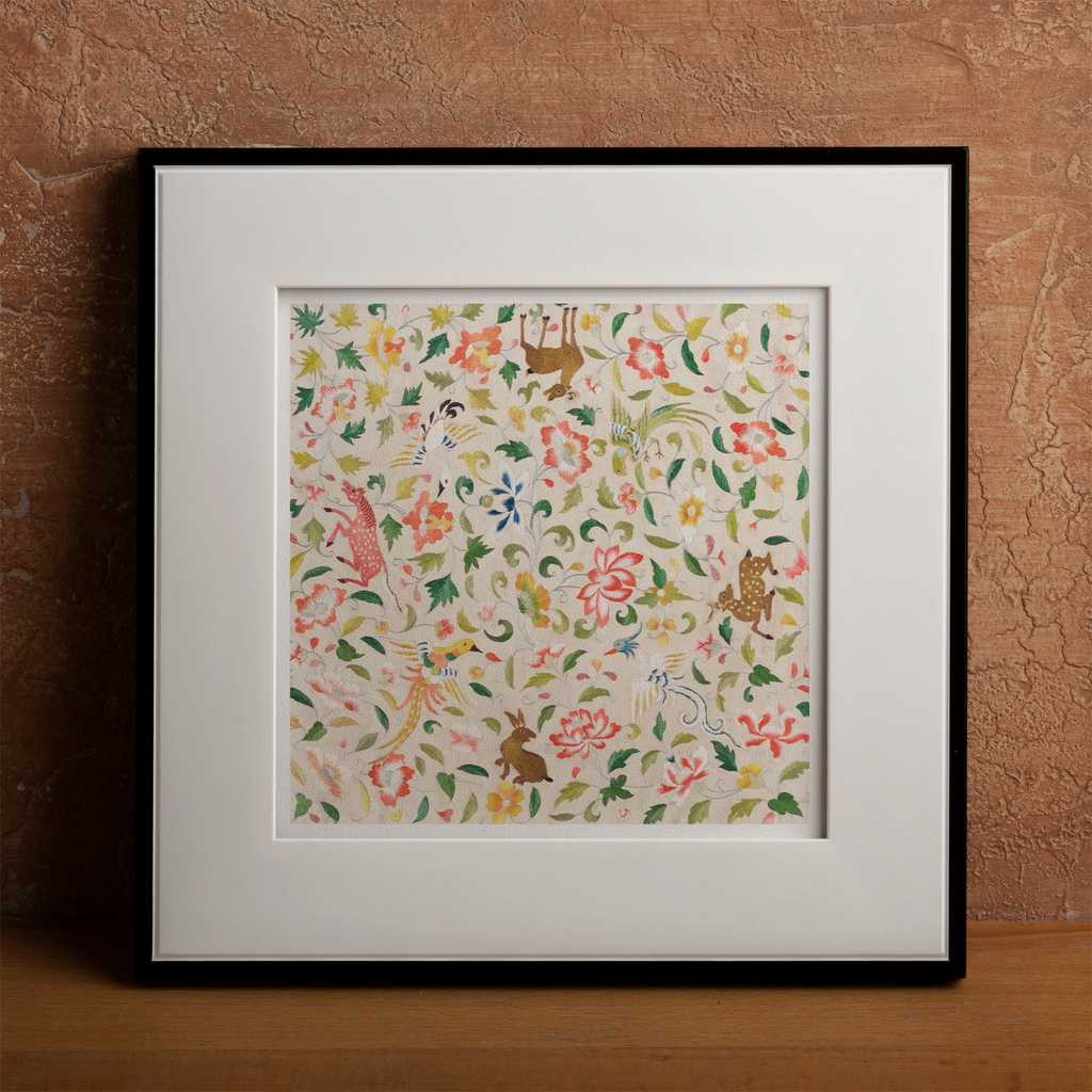 Framed floral and animal print textile art print inspired by William Morris vintage design