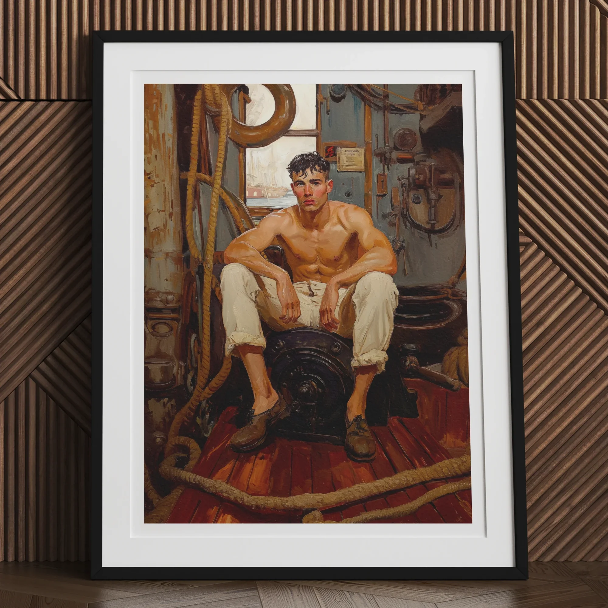 Cruising - Gay Navy Sea Queen Art Print, Framed Painting Shirtless Man Ship Deck Surrounded Nautical