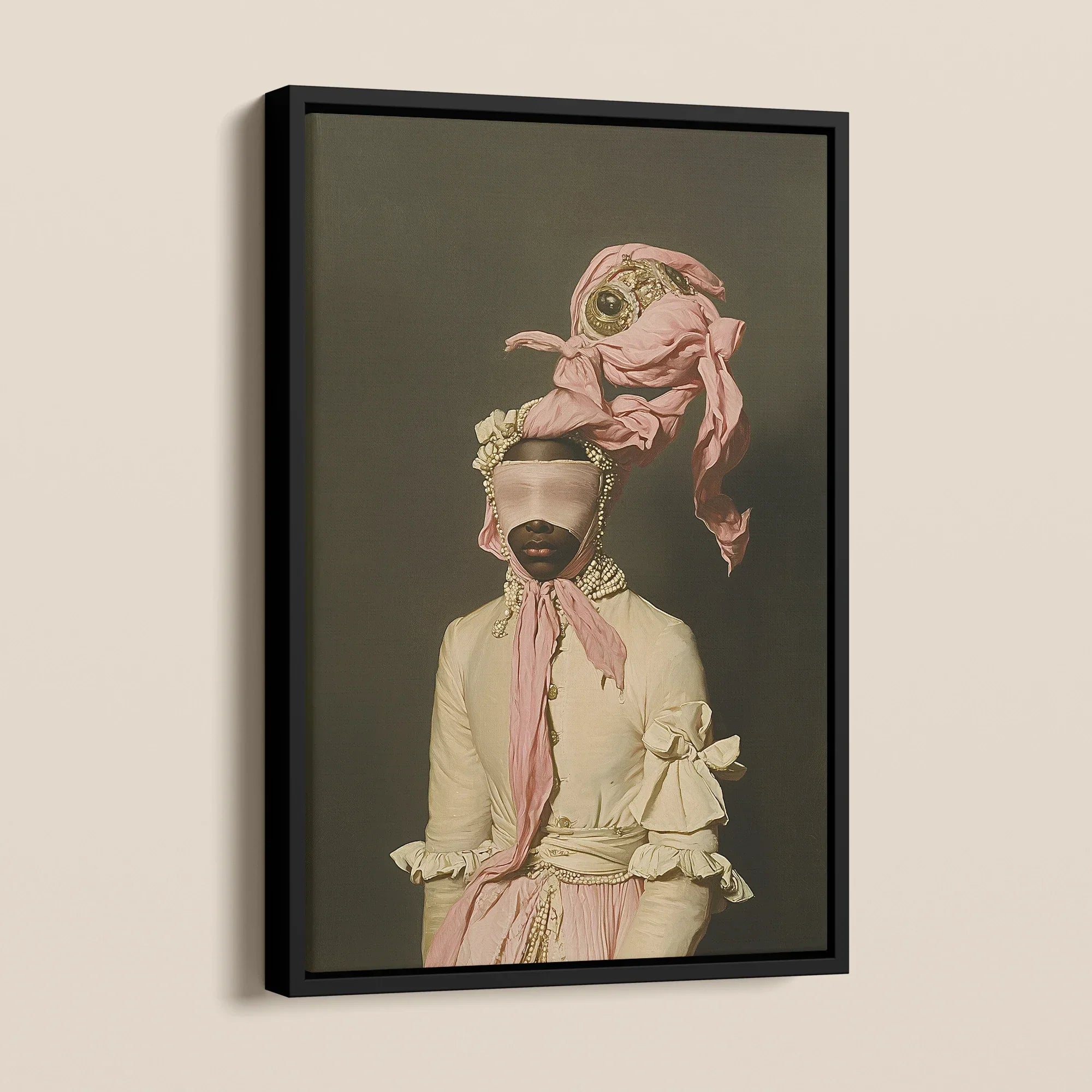 Crystal Clear Modern Rococo Era Fashion Framed Canvas, Framed Portrait Person Elaborate Pink Attire