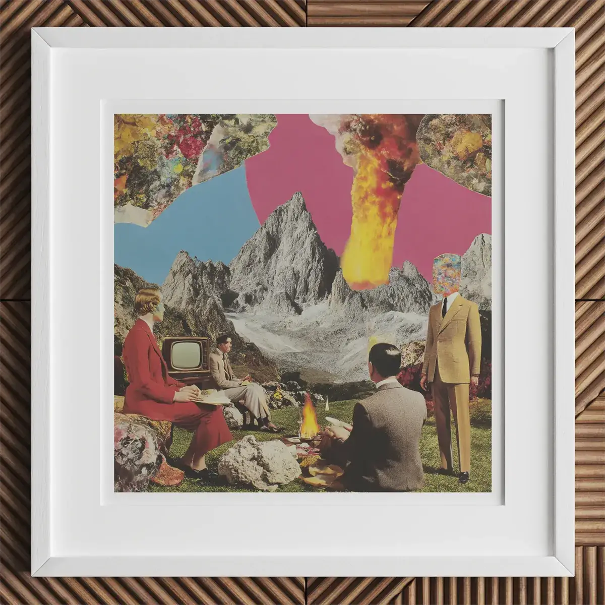 Framed collage artwork illustrating cultural influences and narratives using diverse collage techniques