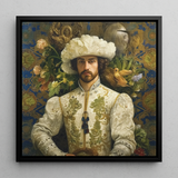Prince Alfonso - Hispanic Gay Royalty Framed Canvas, 12x12’’ / 31x31cm / Black Floating Frame, Portrait Man Ornate White Costume Large