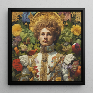 Prince Carlisle - English Gay Royalty Framed Canvas, 12x12’’ / 31x31cm / Black Floating Frame, Portrait Young Man Curly Hair Surrounded