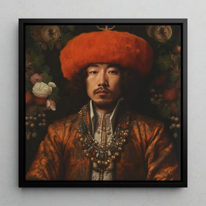 Prince Khaliun - Mongolian Gay Royalty Art Framed Canvas, 12x12’’ / 31x31cm / Black Floating Frame, Portrait East Asian Man Ornate Orange