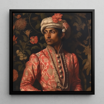 Prince Kaniyan - Gay Tamil Royalty Framed Canvas, 12x12’’ / 31x31cm / Black Floating Frame, Portrait Man Ornate Traditional Indian Attire