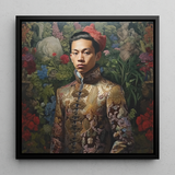 Prince Chakri - Thai Gay Royalty Framed Canvas, 12x12’’ / 31x31cm / Black Floating Frame, Portrait Young Asian Man Ornate Embroidered