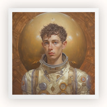 Noah - Handsome Gay Astronaut Art Print, Portrait Young Astronaut Curly Hair Spacesuit Helmet