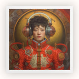 Mùchén - Gay Chinese Astronaut Art Print, Portrait Person Ornate Red Spacesuit-like Outfit Large Headphones