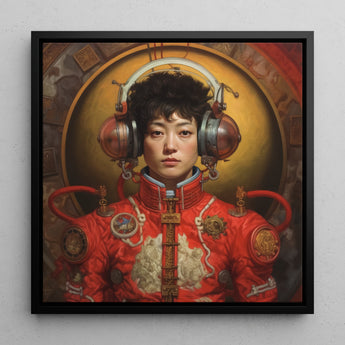 Mùchén - Gay Chinese Astronaut Framed Canvas, 12x12’’ / 31x31cm / Black Floating Frame, Portrait Person Ornate Red Outfit Large Headphones