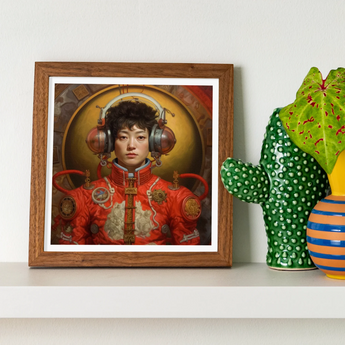 Mùchén - Gay Chinese Astronaut Art Print, Framed Portrait Person Ornate Red Costume Headphones Ear