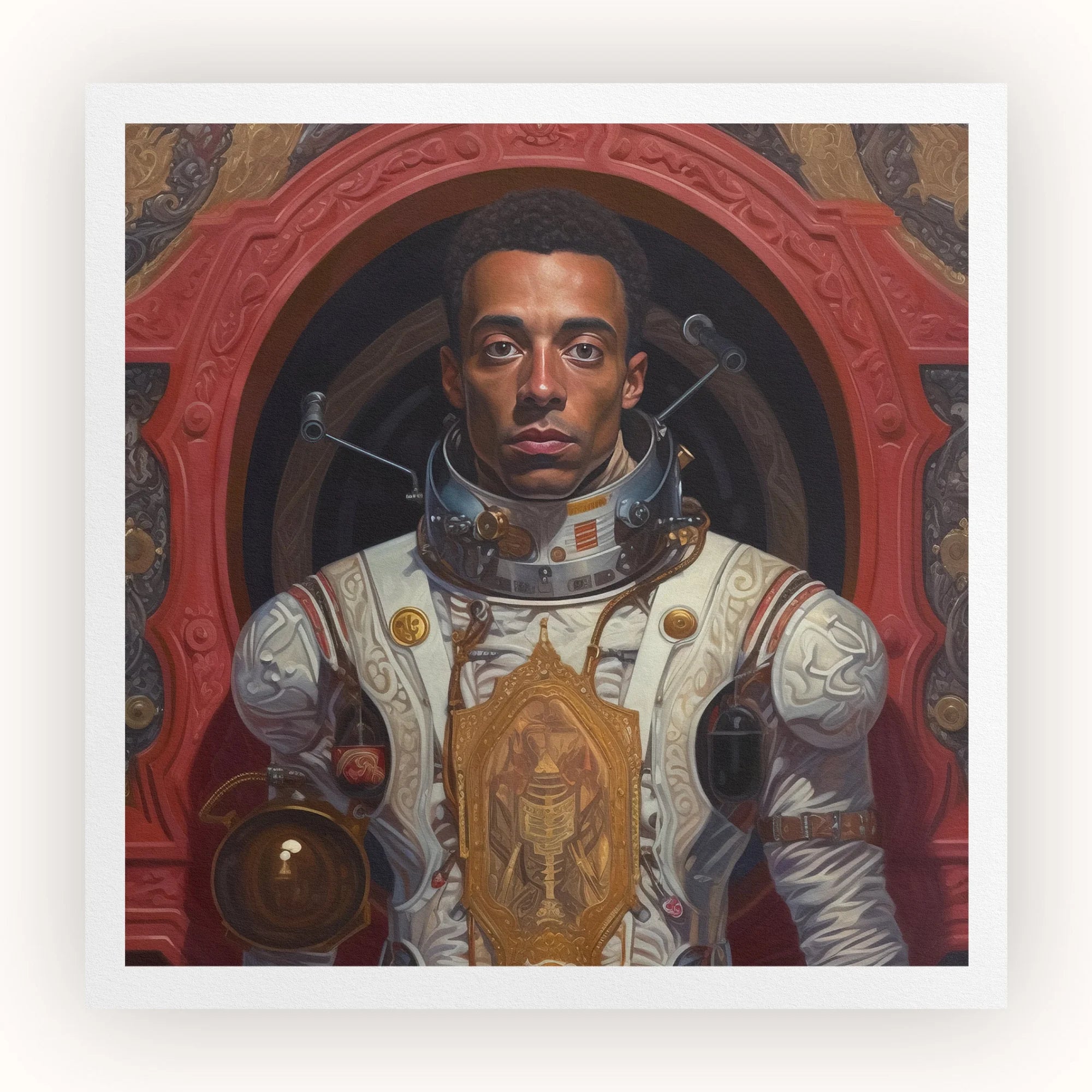 Amari - Gay Black Astronaut Art Print, Portrait Astronaut Ornate Spacesuit Decorative Gold Elements Red