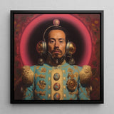 Armando - Gay Mexican Astronaut Framed Canvas, 12x12’’ / 31x31cm / Black Floating Frame, Portrait Man Ornate Turquoise Gold Costume