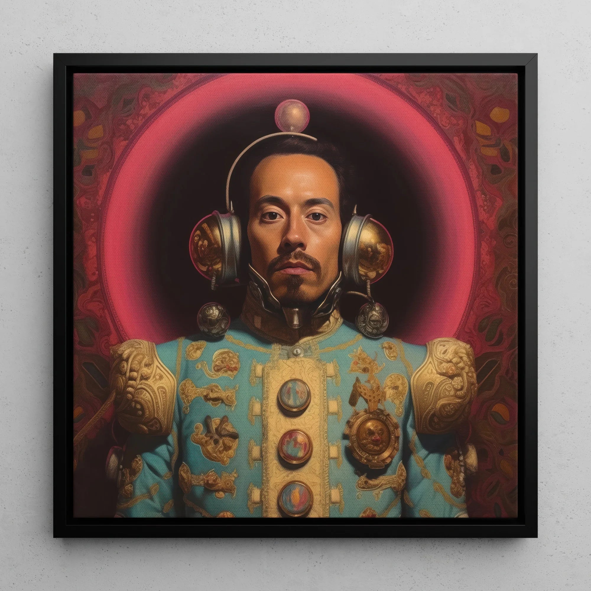Armando - Gay Mexican Astronaut Framed Canvas, 12x12’’ / 31x31cm / Black Floating Frame, Portrait Man Ornate Turquoise Gold Costume