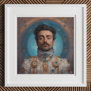 Eskandar - Gay Arabic Astronaut Art Print, Framed Portrait Man Curly Dark Hair Mustache Ornate