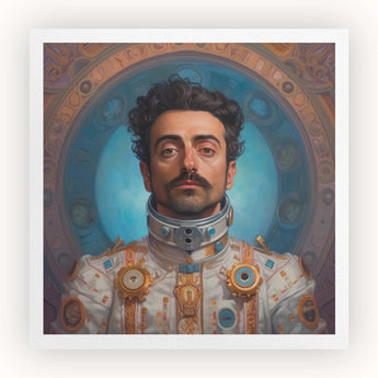 Eskandar - Gay Arabic Astronaut Art Print, Portrait Man Curly Dark Hair Mustache Ornate White