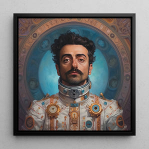 Eskandar - Arabic Gay Astronaut Framed Canvas, 12x12’’ / 31x31cm / Black Floating Frame, Portrait Man Curly Dark Hair Mustache Ornate White