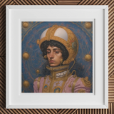 Samir - Gay Muslim Astronaut Art Print, Framed Portrait Painting Person Ornate Golden Helmet Pink