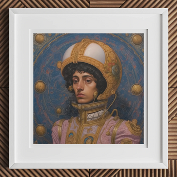 Samir - Gay Muslim Astronaut Art Print, Framed Portrait Painting Person Ornate Golden Helmet Pink