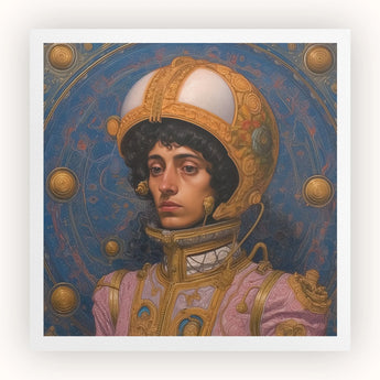 Samir - Gay Muslim Astronaut Art Print, Portrait Person Ornate Golden Helmet Pink Garment Gold