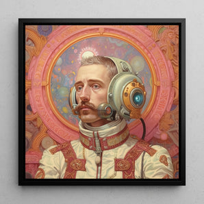 Axel - Gay German Astronaut Framed Canvas, 12x12’’ / 31x31cm / Black Floating Frame, Portrait Man Ornate Spacesuit Helmet Collar Intricate
