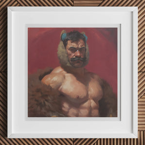 Zaddy Bear - Gay Muscle Daddy Art Print, 12x12’’ / 31x31cm / White Frame / 2’’ Matboard, Framed Portrait Painting Muscular Shirtless Man