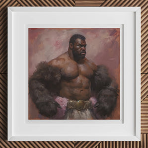 Papa Bear - Gay Muscle Daddy Art Print, 12x12’’ / 31x31cm / White Frame / 2’’ Matboard, Framed Painting Muscular Black Man Fur Coat Ornate