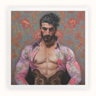 Alonso - Queer Matador Art Print, Portrait Muscular Bearded Man Open Floral Shirt Colorful