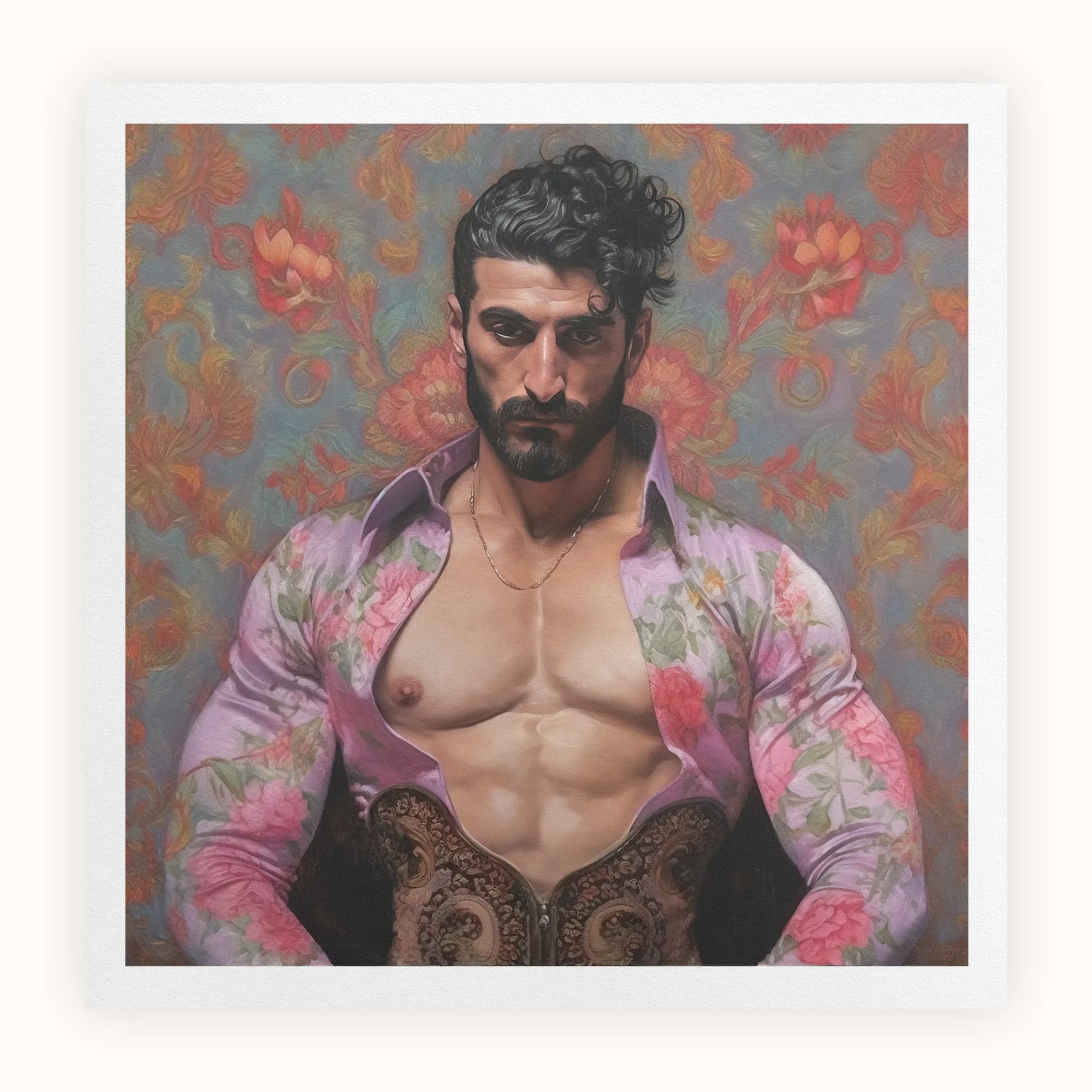 Alonso - Queer Matador Art Print, Portrait Muscular Bearded Man Open Floral Shirt Colorful